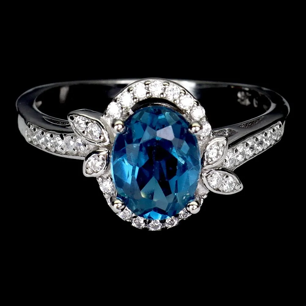 925 Srebrny delikatny pierścionek naturalny topaz london blue cyrkonie r 14