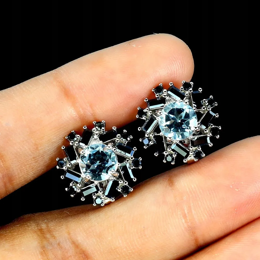 3 Srebrne delikatne kolczyki naturalne topazy sky blue czarne spinele