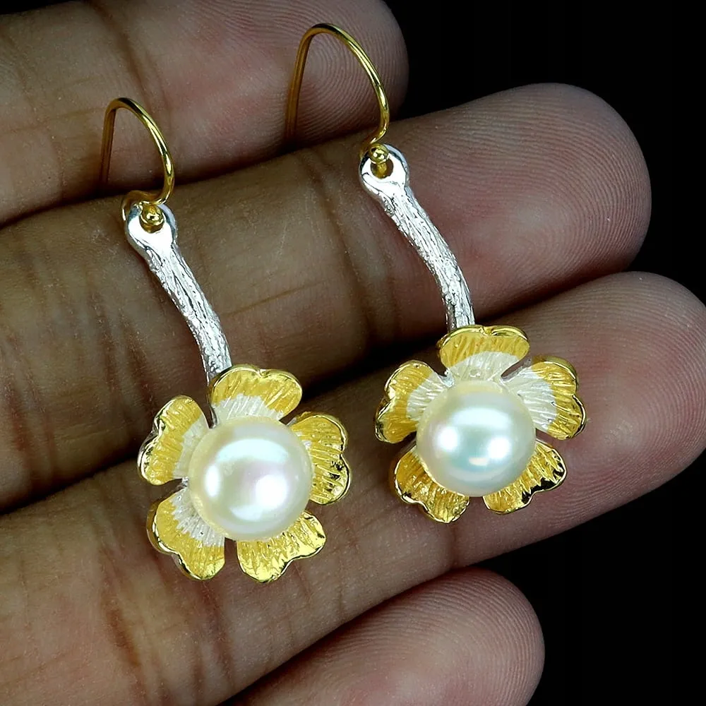 Delikatne piękne kolczyki naturalne kremowe perły srebro kwiat 3