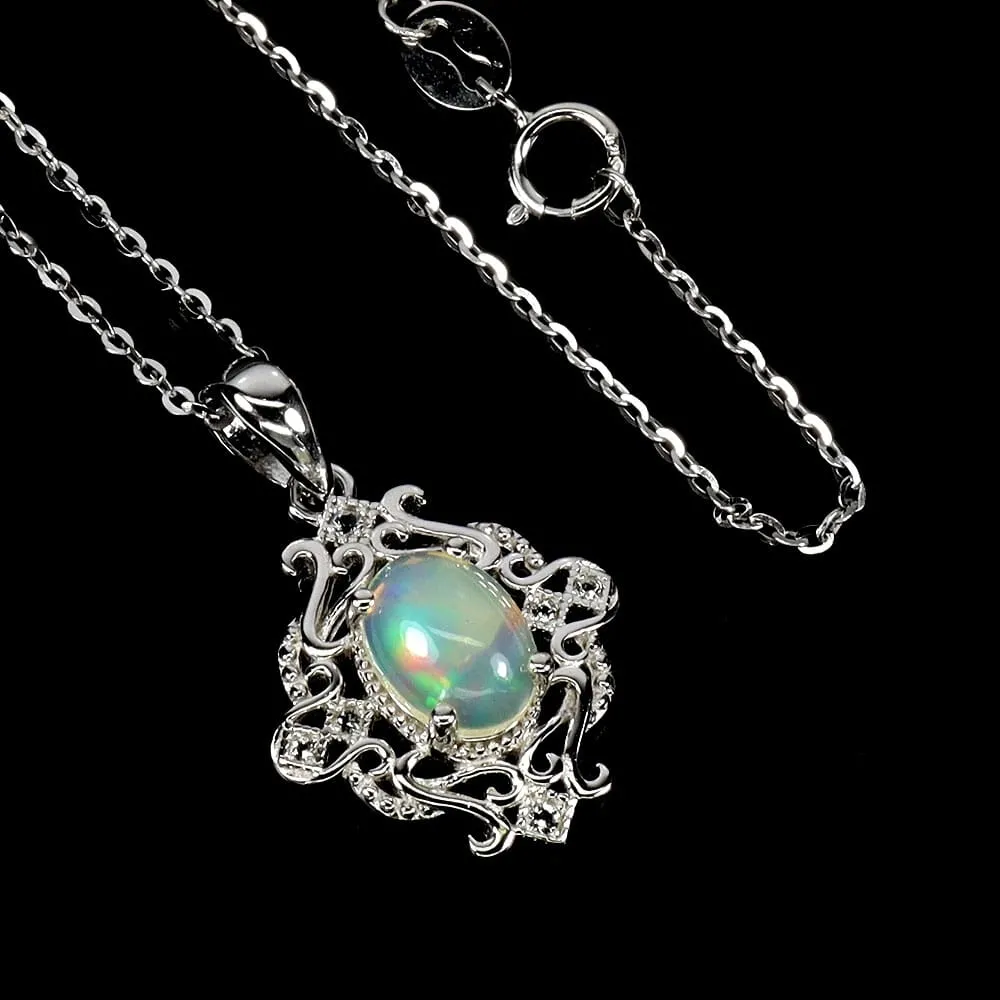 Srebrny 925 naszyjnik piękny elegancki naturalny ognisty opal białe topazy