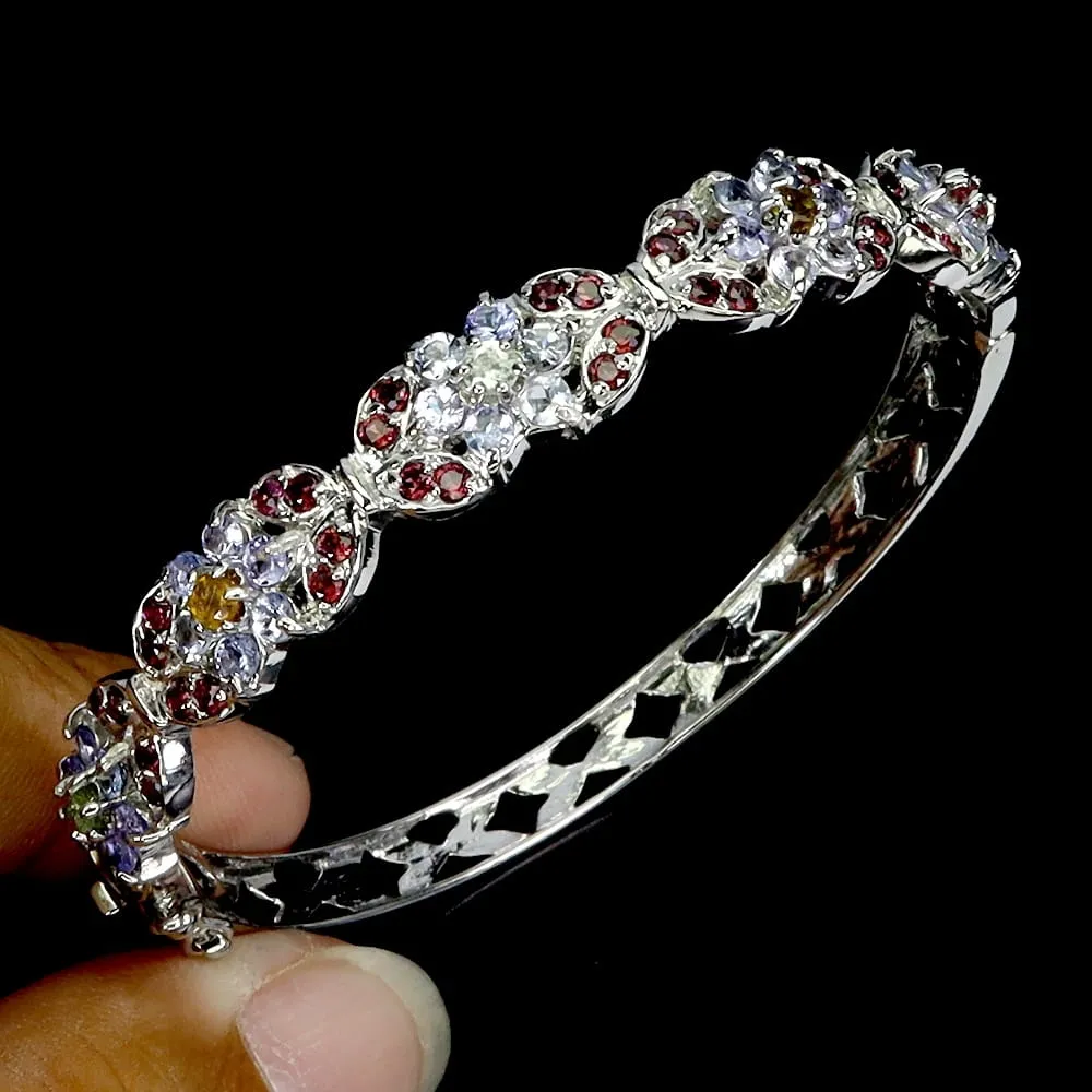 Srebrna elegancka bransoletka naturalne granaty tanzanity turmaliny 17cm