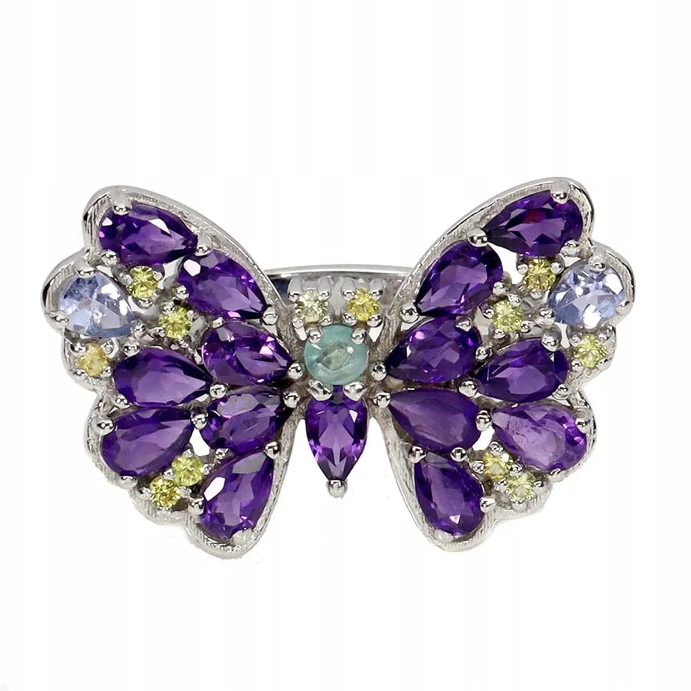 925 Pierścionek naturalne tanzanity szafiry Songea ametysty motyl r 19