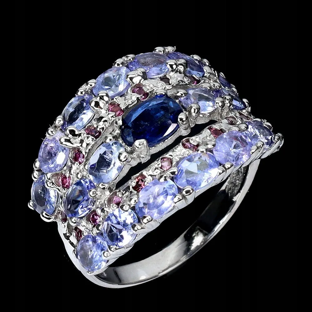 Pierścionek srebrny elegancki naturalne granaty tanzanity kianit r 16
