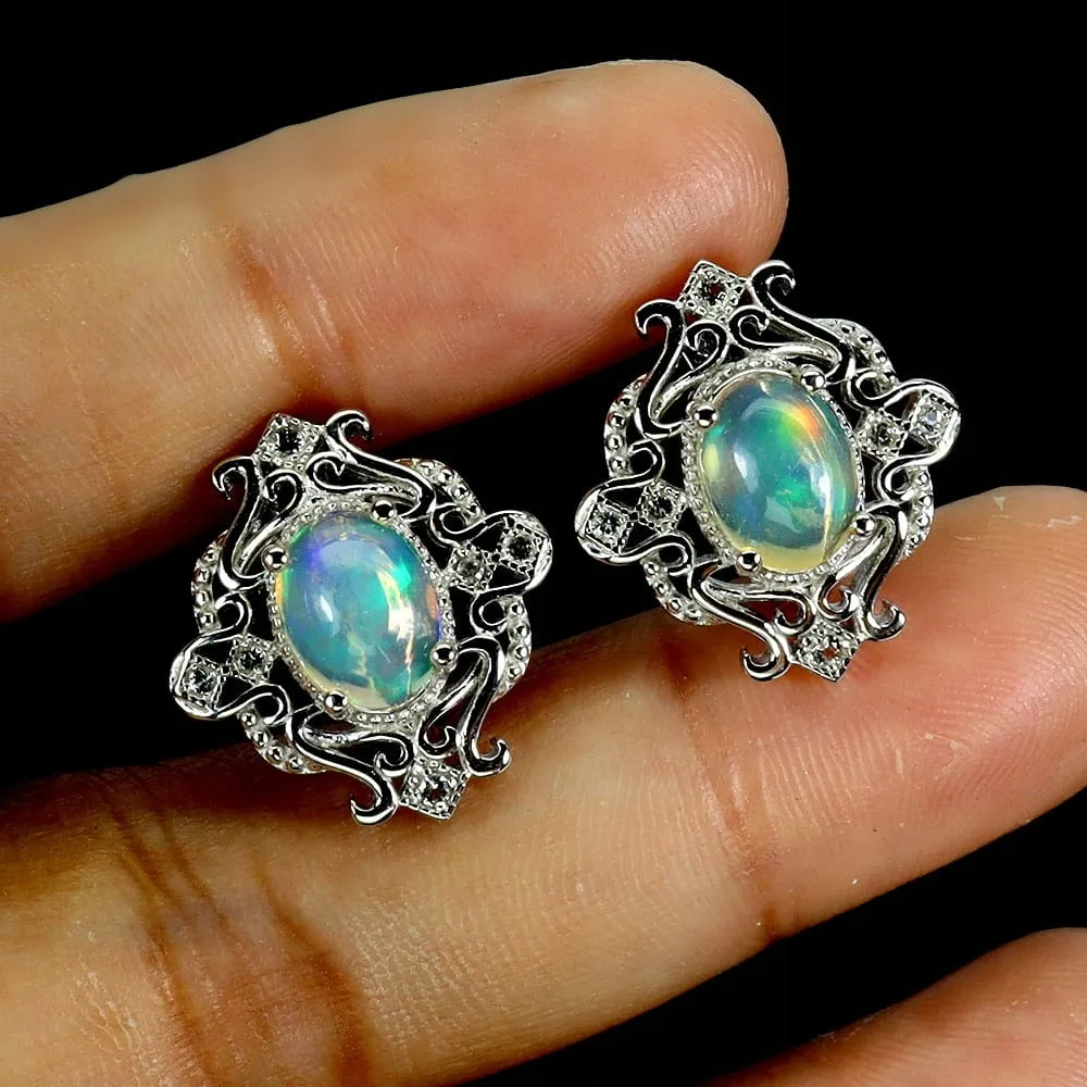 Srebrne eleganckie kolczyki 925 naturalne ogniste opale białe topazy 3