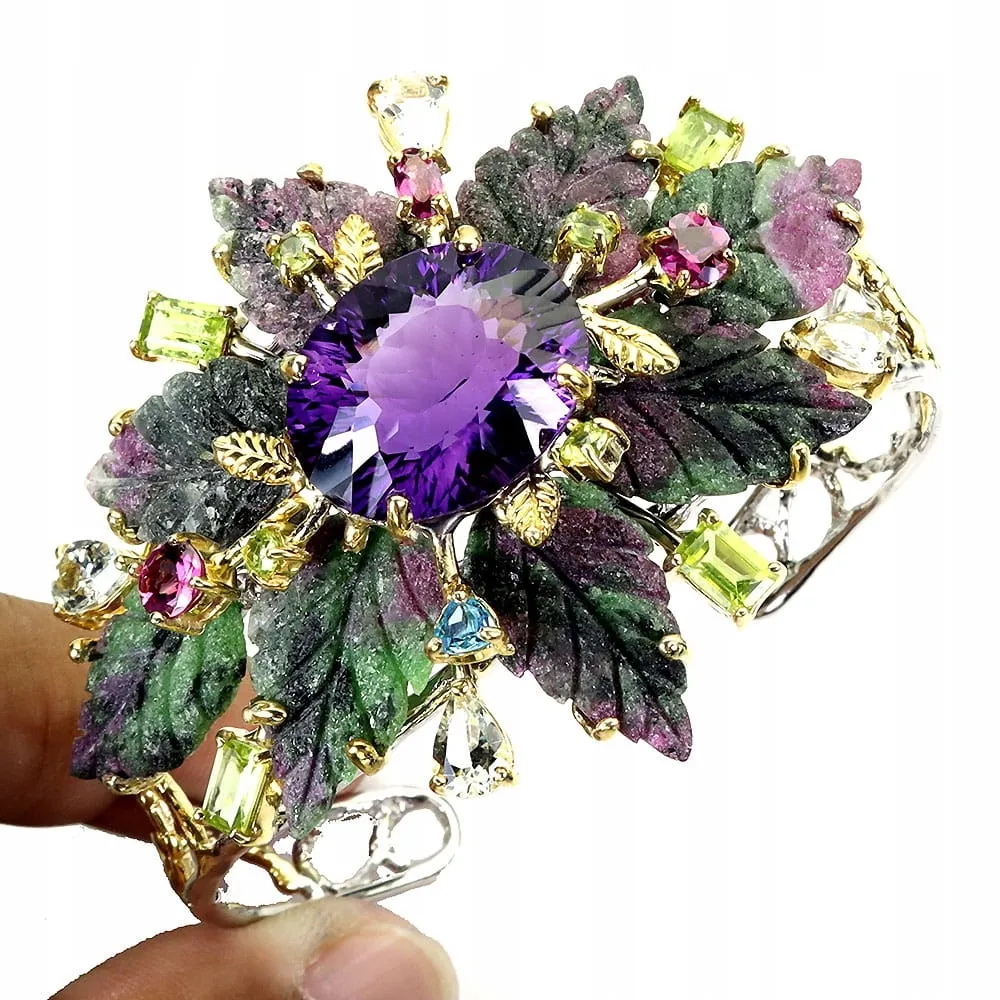 Srebro bransoletka elegancka naturalny ametyst 30ct topaz zoisyt granaty