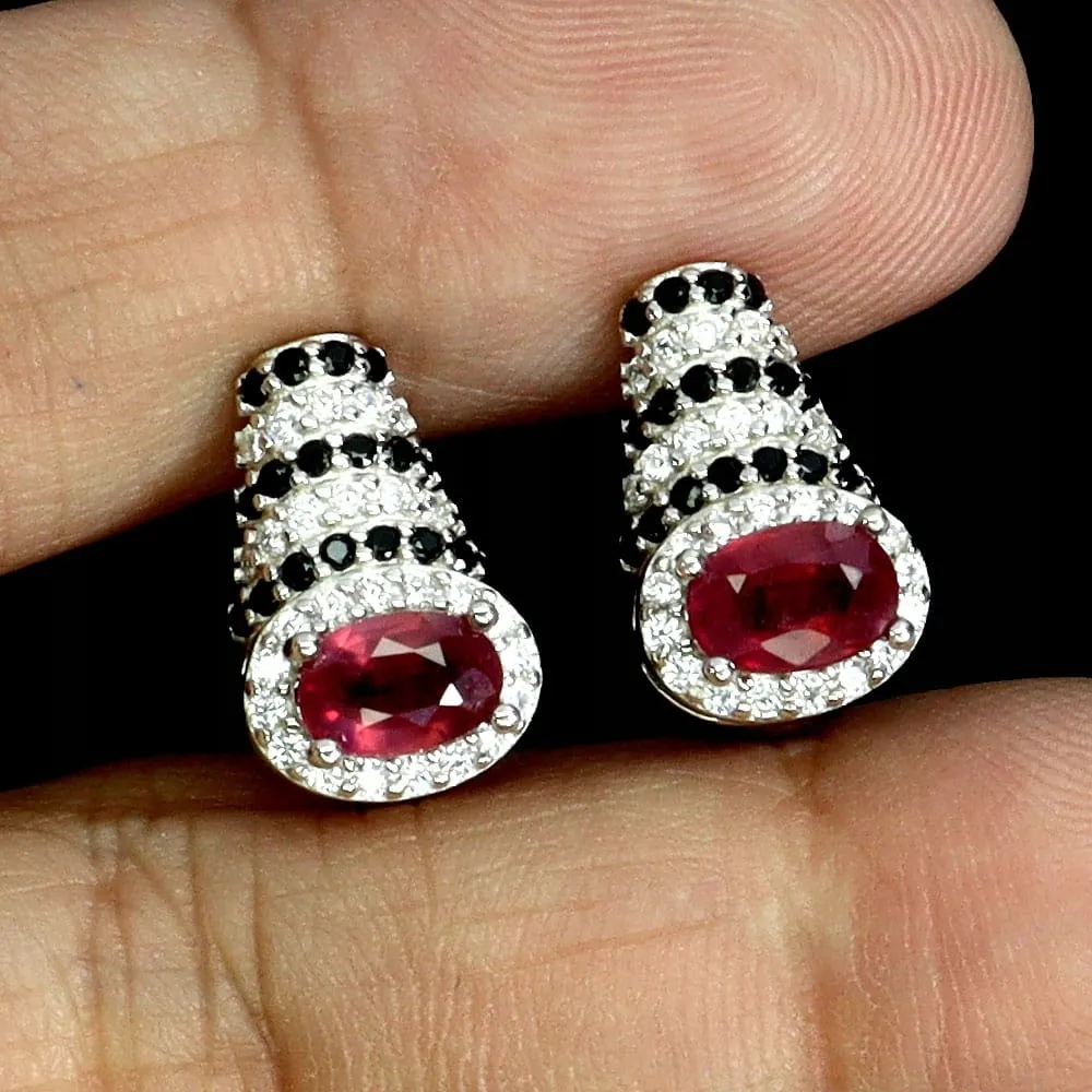 Srebrne delikatne kolczyki naturalne czarne spinele rubiny cyrkonie 925 3