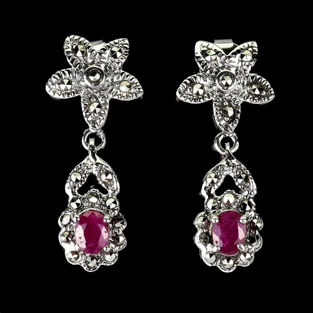 Srebrne eleganckie kolczyki naturalne rubiny markazyty 3