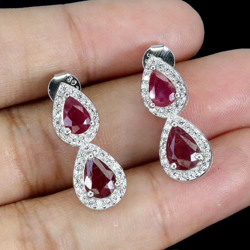 Piękne delikatne eleganckie 925 srebrne kolczyki natural rubiny cyrkonie 3