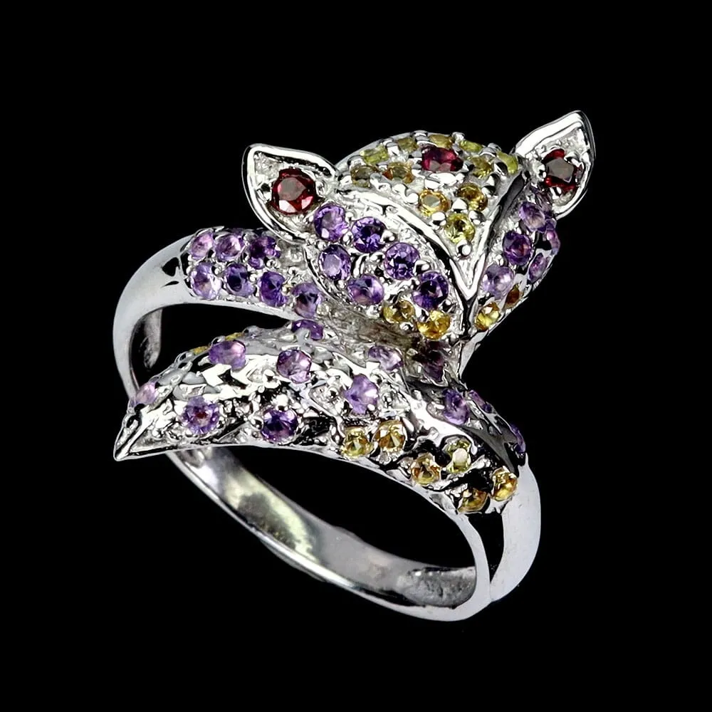 Pierścionek srebrny r 17.5 naturalne ametysty granaty szafiry Songea lis