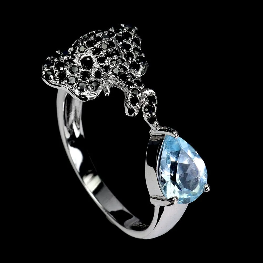 Srebrny delikatny pierścionek r 14 naturalny sky topaz czarne spinele słoń
