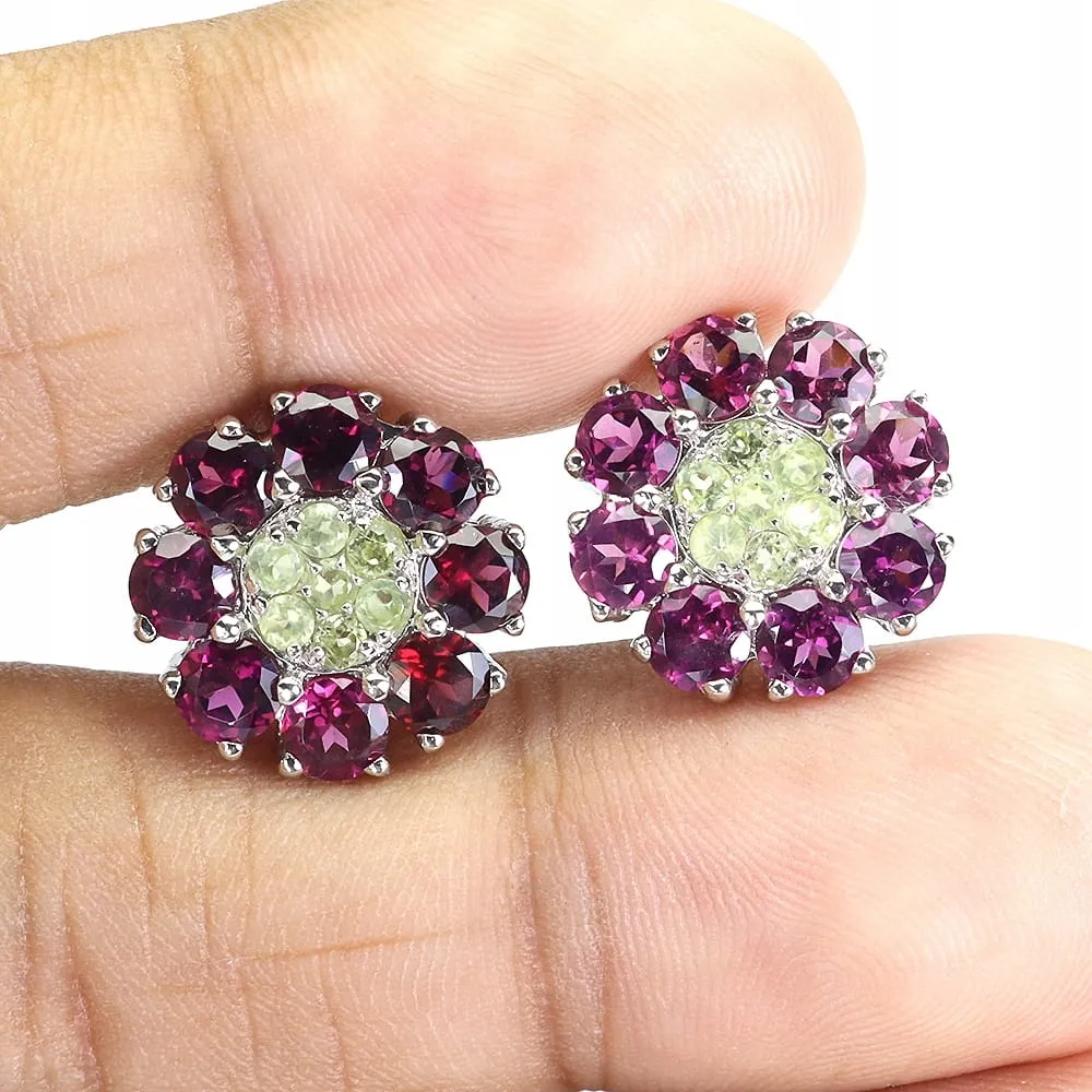 925 Kolczyki srebrne piękne naturalne granaty oliwiny kwiat 3