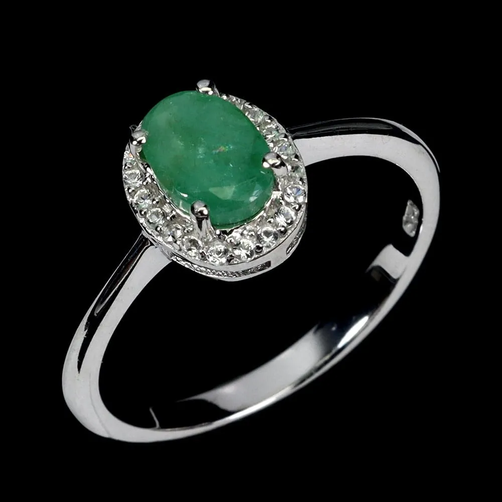 925 Delikatny srebrny pierścionek naturalny szmaragd cyrkonie r 17