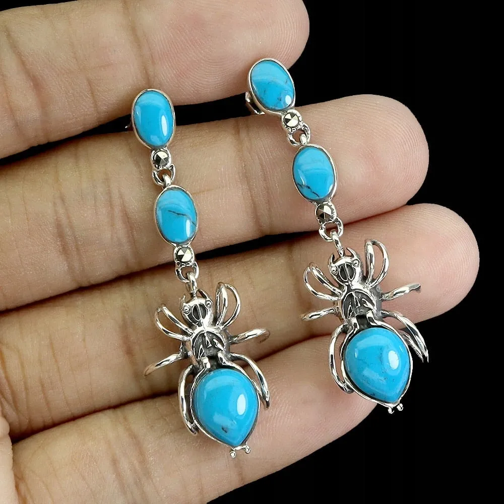 Srebrne 925 piękne kolczyki pająk turkusy markazyty naturalne 3