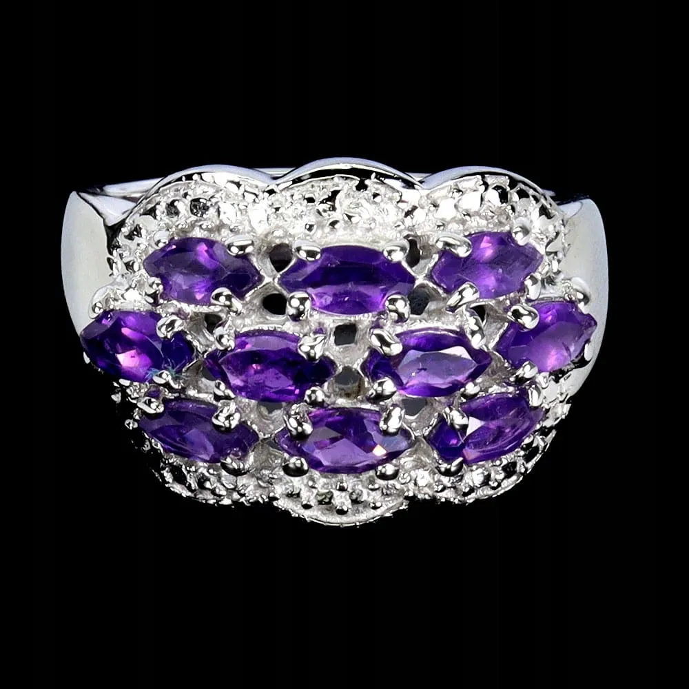 Piękny elegancki pierścionek 925 srebrny naturalne ametysty r 17