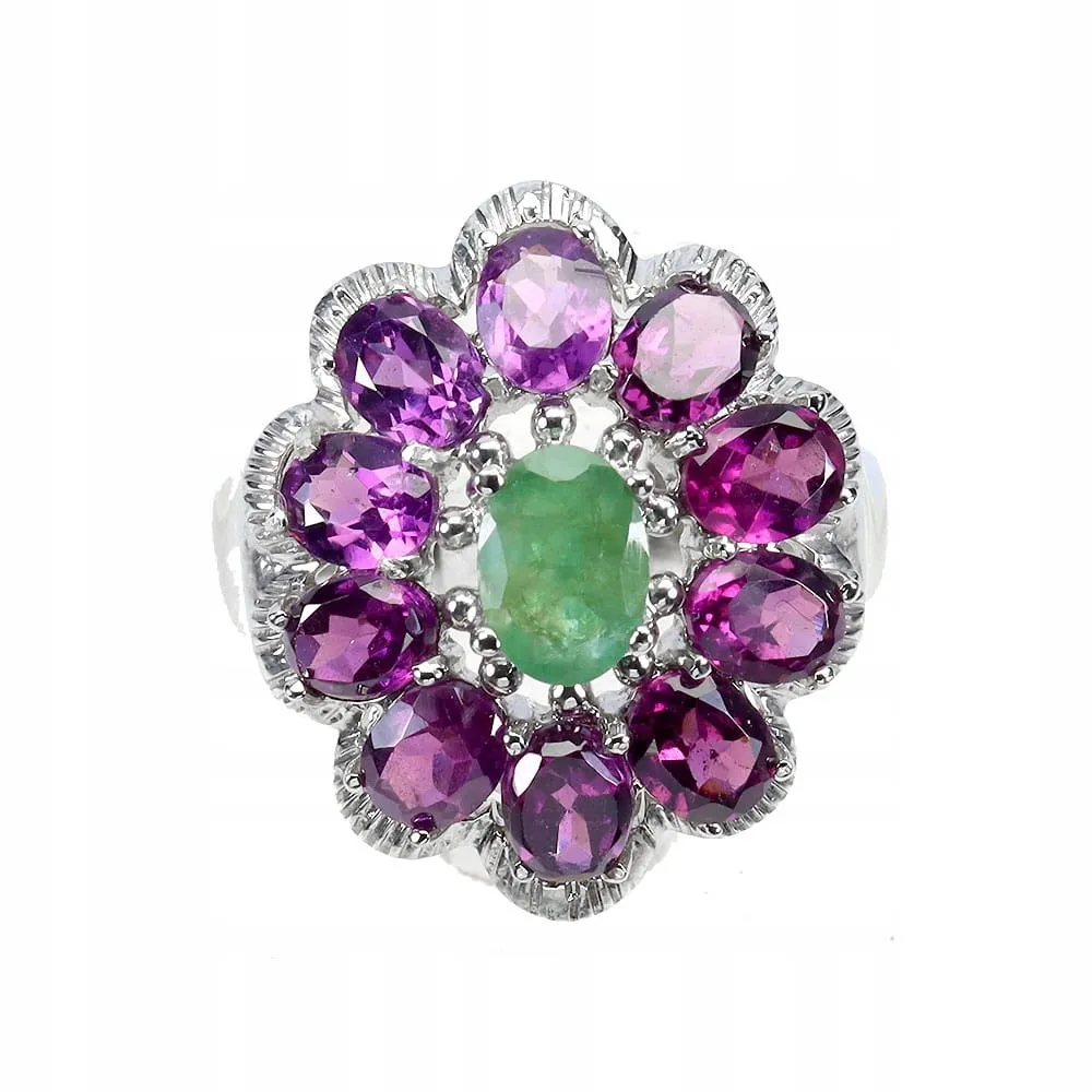 925 Pierścionek naturalne granaty rodolity szmaragd piękny kwiat r 19