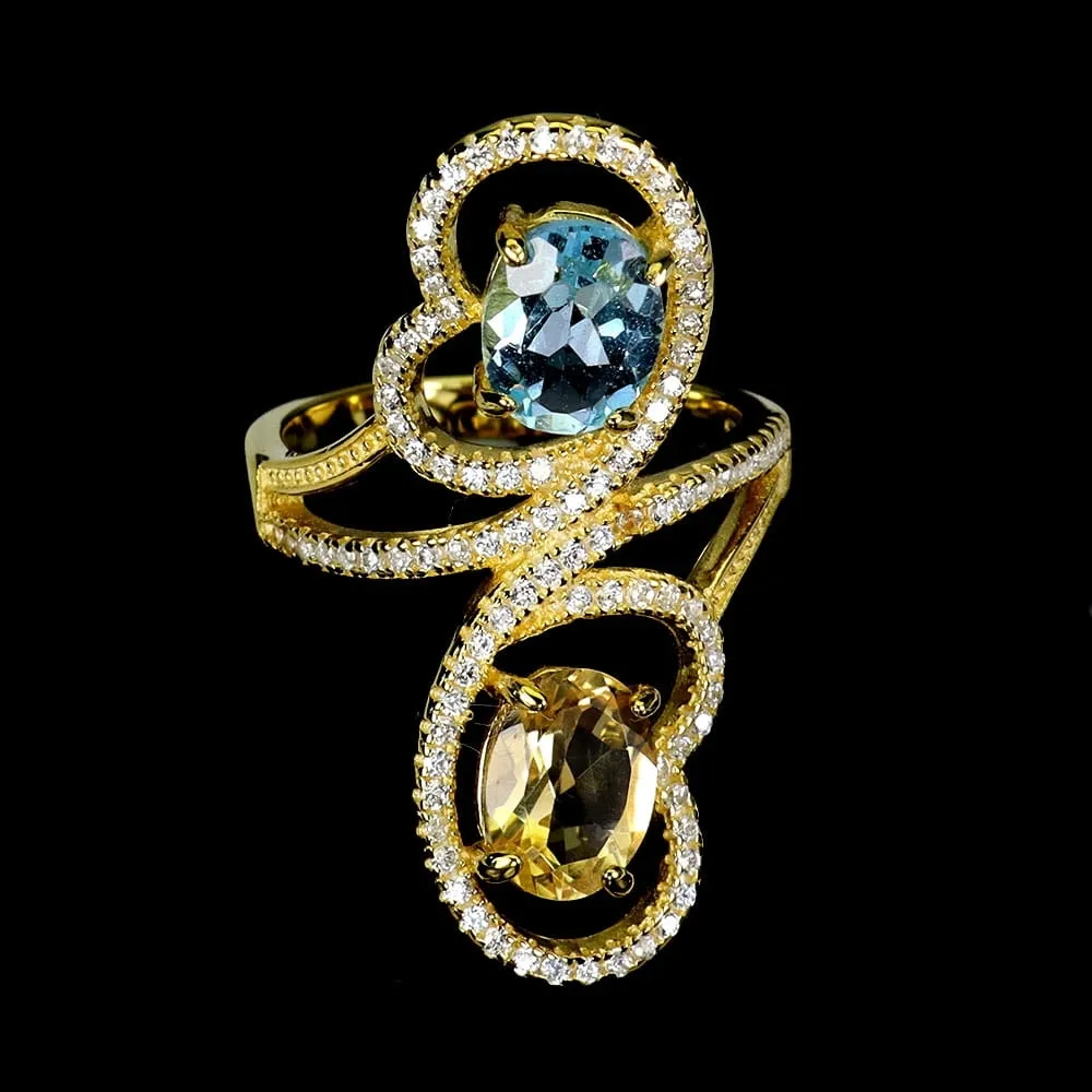 Srebrny piękny pierścionek r 14 naturalny sky topaz cytryn cyrkonie