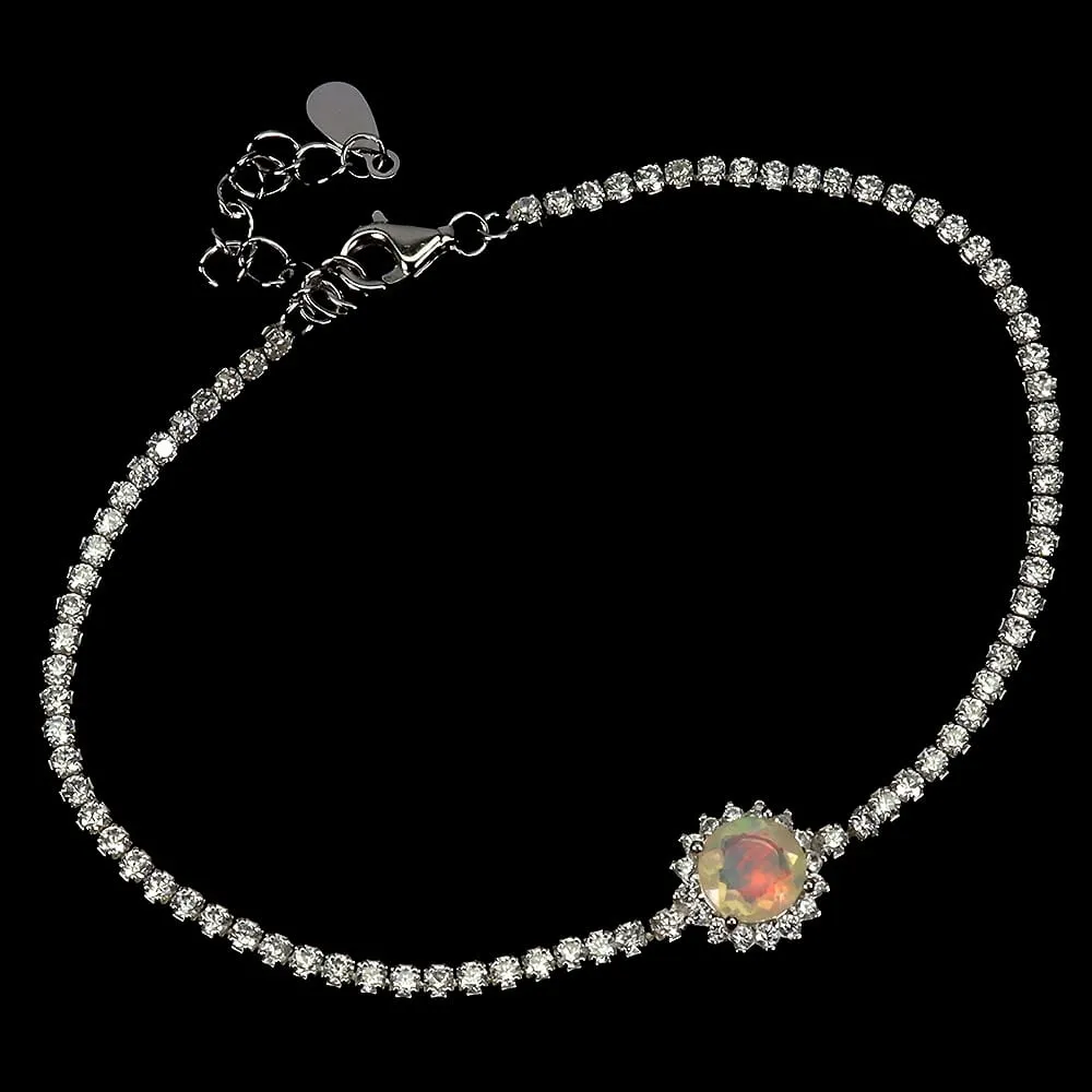 925 Delikatna bransoletka srebrna naturalny ognisty opal cyrkonie