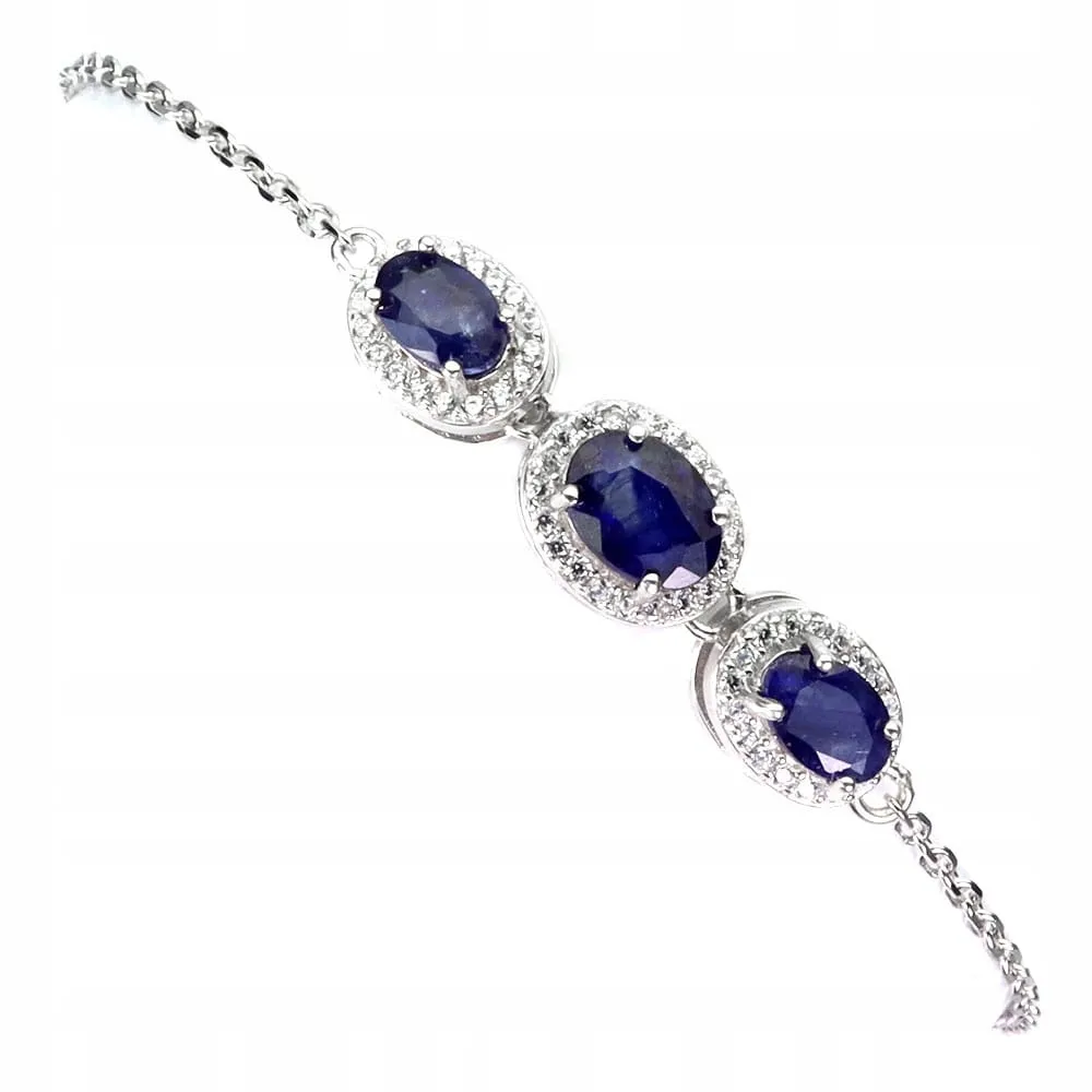 Delikatna srebrna bransoletka 925 naturalne niebieskie szafiry cyrkonie
