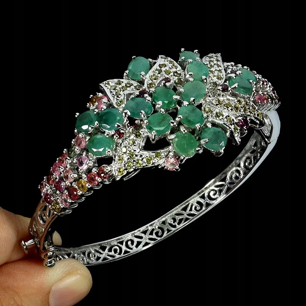 Srebrna bransoletka naturalne szafiry Songea szmaragdy turmaliny 17cm