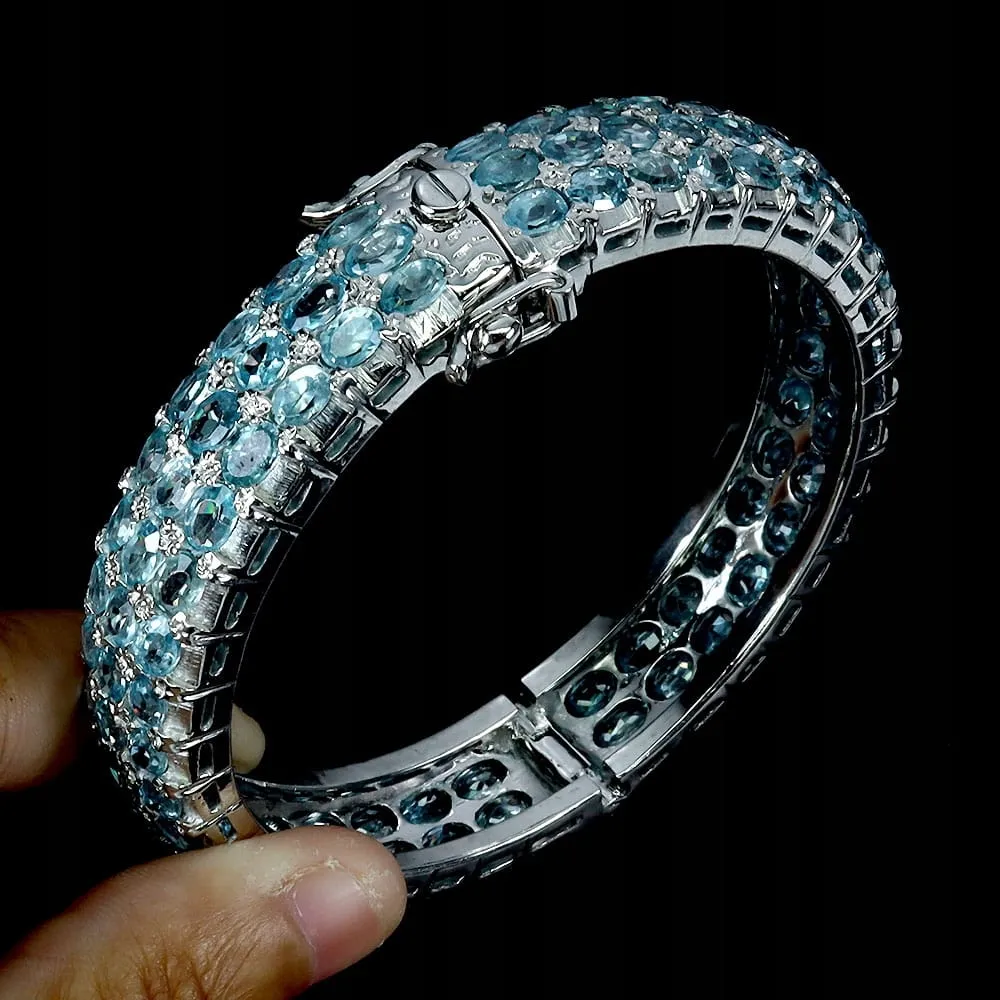 925 Zjawiskowa srebrna bransoletka naturalne niebieskie cyrkony 17.5 cm