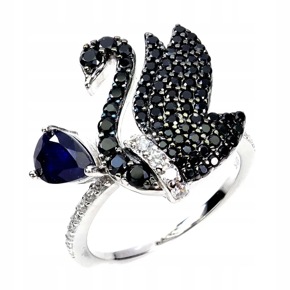 Srebrny elegancki pierścionek szafir niebieski czarne spinele łabędź r 17