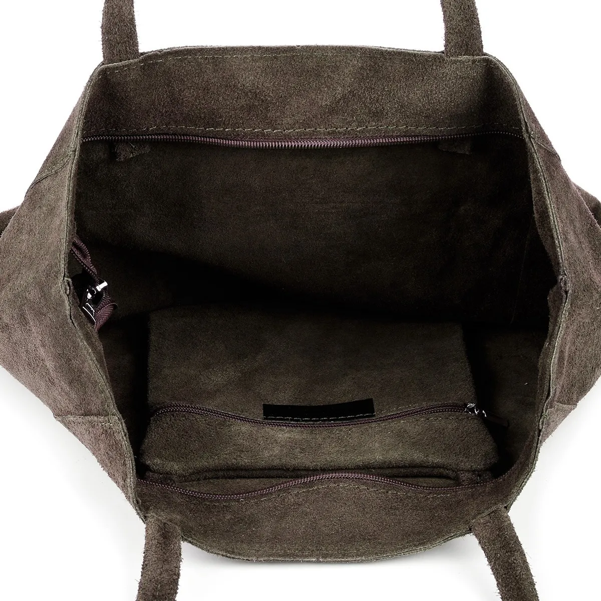 Damska torba-worek w kolorze taupe, wykonana z naturalnej skóry zamszowej. wyposażona w troczki i zamek błyskawiczny