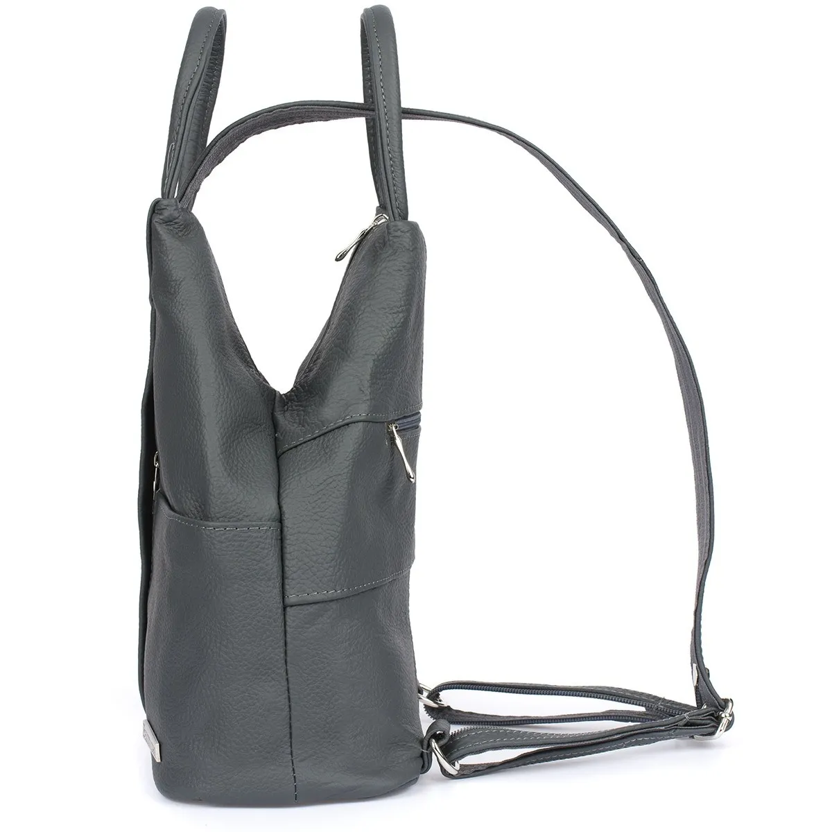 Elegancki plecak damski Granatowy skórzany w trójkątnym kształcie Granatowy skórzany plecak damski o trójkątnym kształcie, pojemny i elegancki