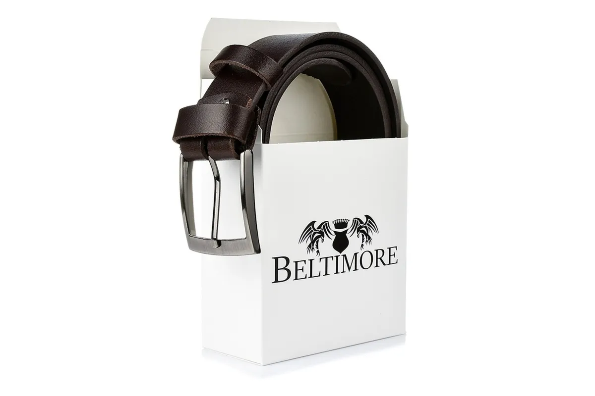 Beltimore skórzany pasek męski ciemno-brązowy szeroki E05 : Kolory - brązowy, beżowy, Rozmiar pasków - r.85-100 cm