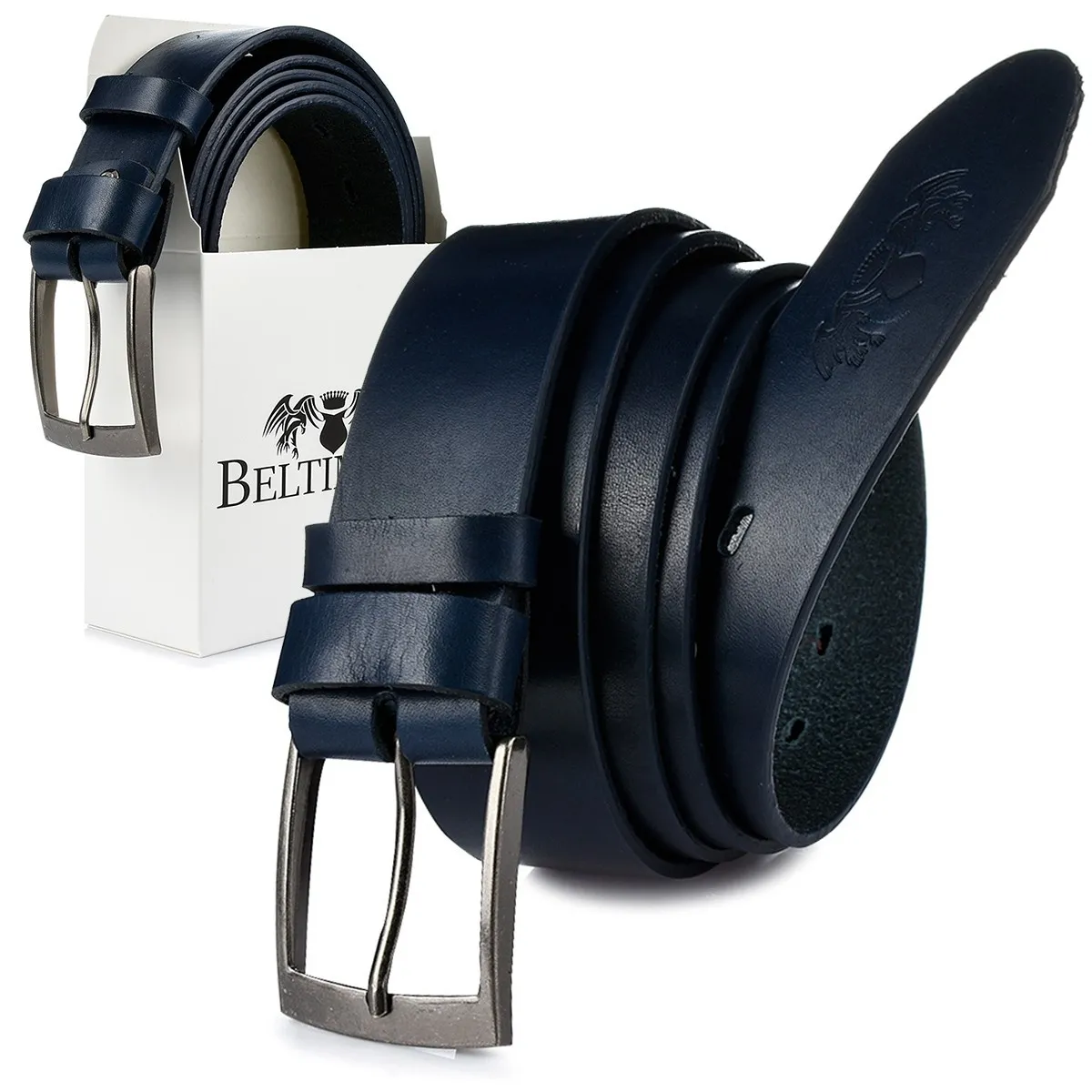 Granatowy Licowy pasek męski marki Beltimore z prostą klamrą, doskonały do casualowych outfitów