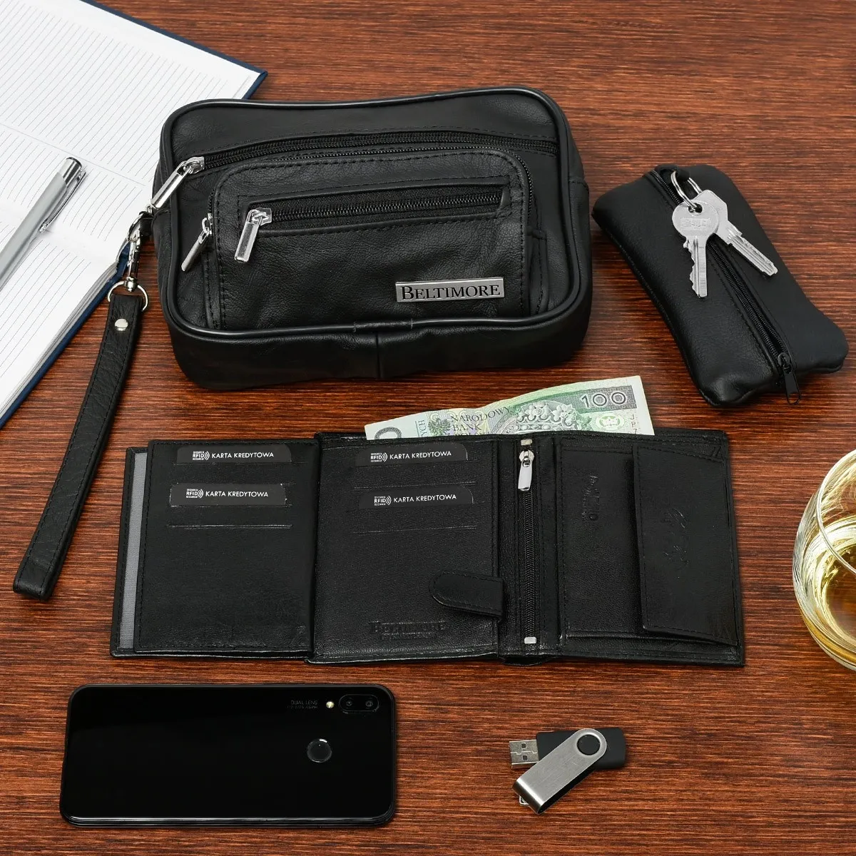 Męski zestaw skórzany w czerni, obejmujący portfel, saszetkę i etui na klucze