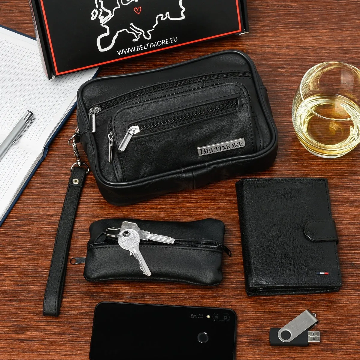 Klasyczny zestaw męski skórzany w kolorze czarnym z portfelem oraz saszetką