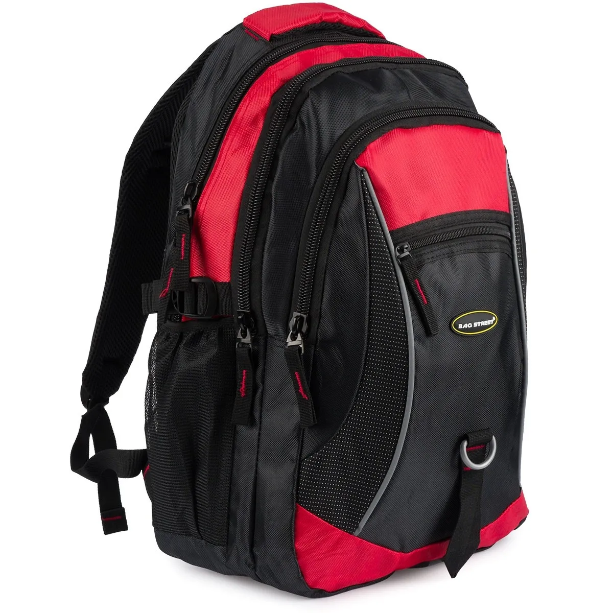 Pionowy plecak w czarno-czerwonym designie, wygodny i praktyczny na co dzień oraz podczas wypraw