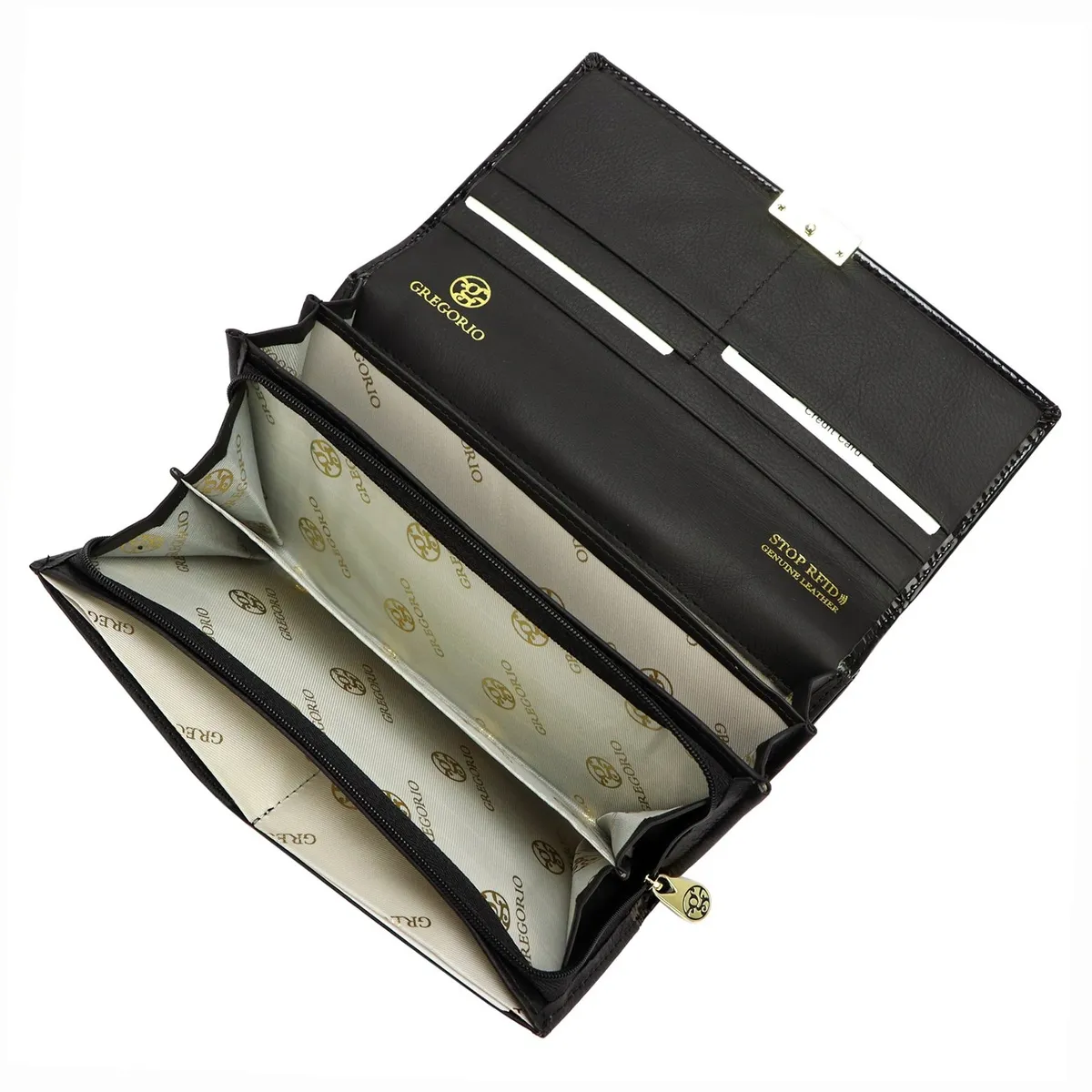 Skórzany portfel damski Gregorio LS-122 w klasycznej wersji Czarny portfel damski Gregorio w eleganckim stylu, z wieloma kieszonkami na karty i gotówkę