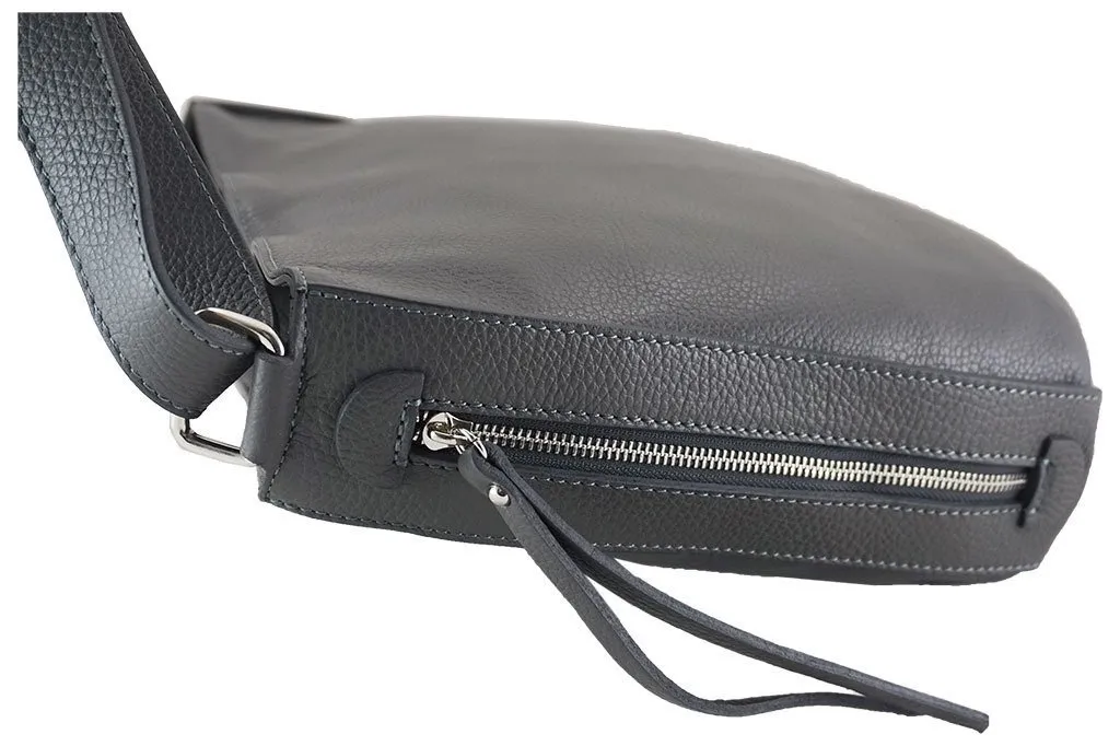 Szara ciemna listonoszka skórzana z dużą ilością kieszeni, praktyczna i Stylowa