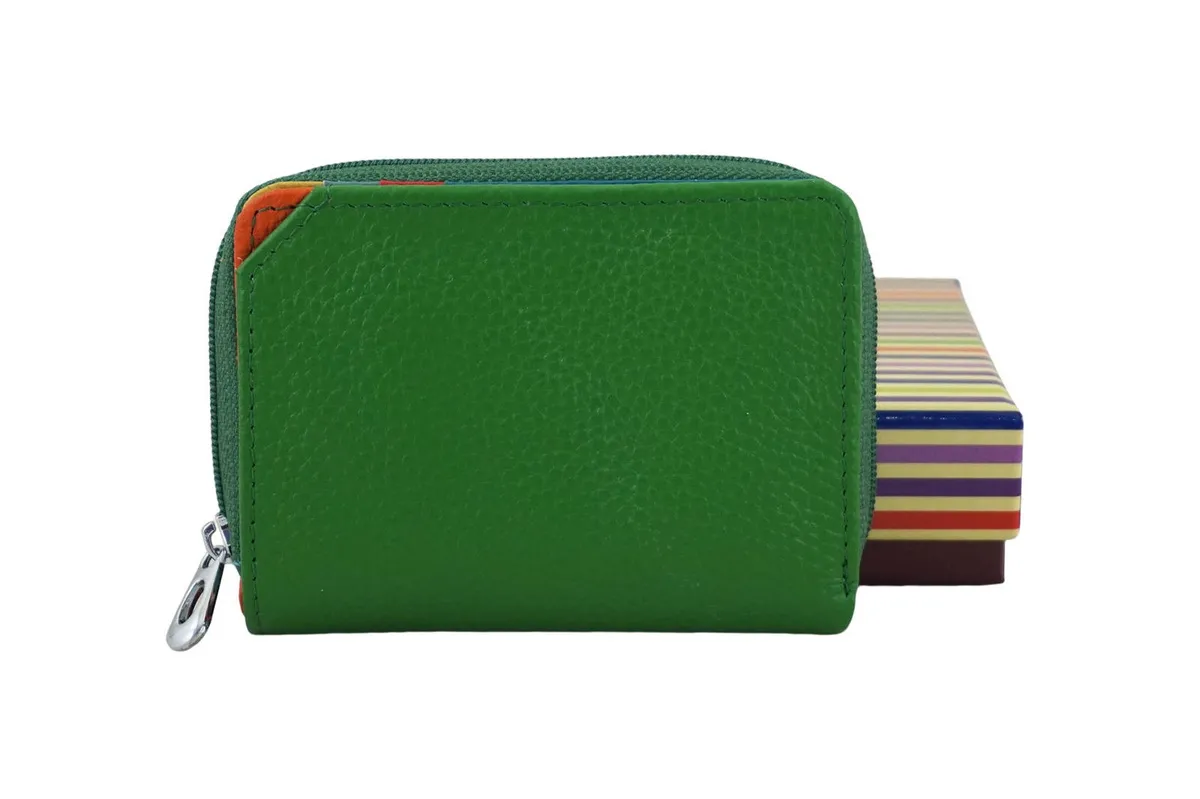 Portfel Skórzany kolorowy zielony od Barberini's Zielony portfel ze skóry licowej, niewielki rozmiar idealny do małych torebek, funkcjonalne wnętrze
