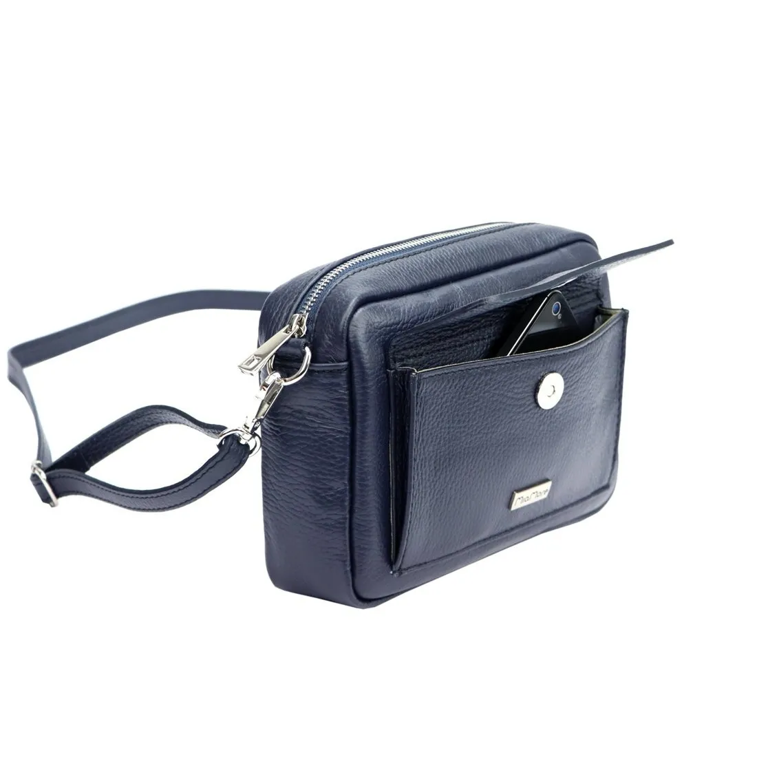 Mała skórzana listonoszka Damska w granatowym kolorze, łącząca funkcjonalność z elegancją