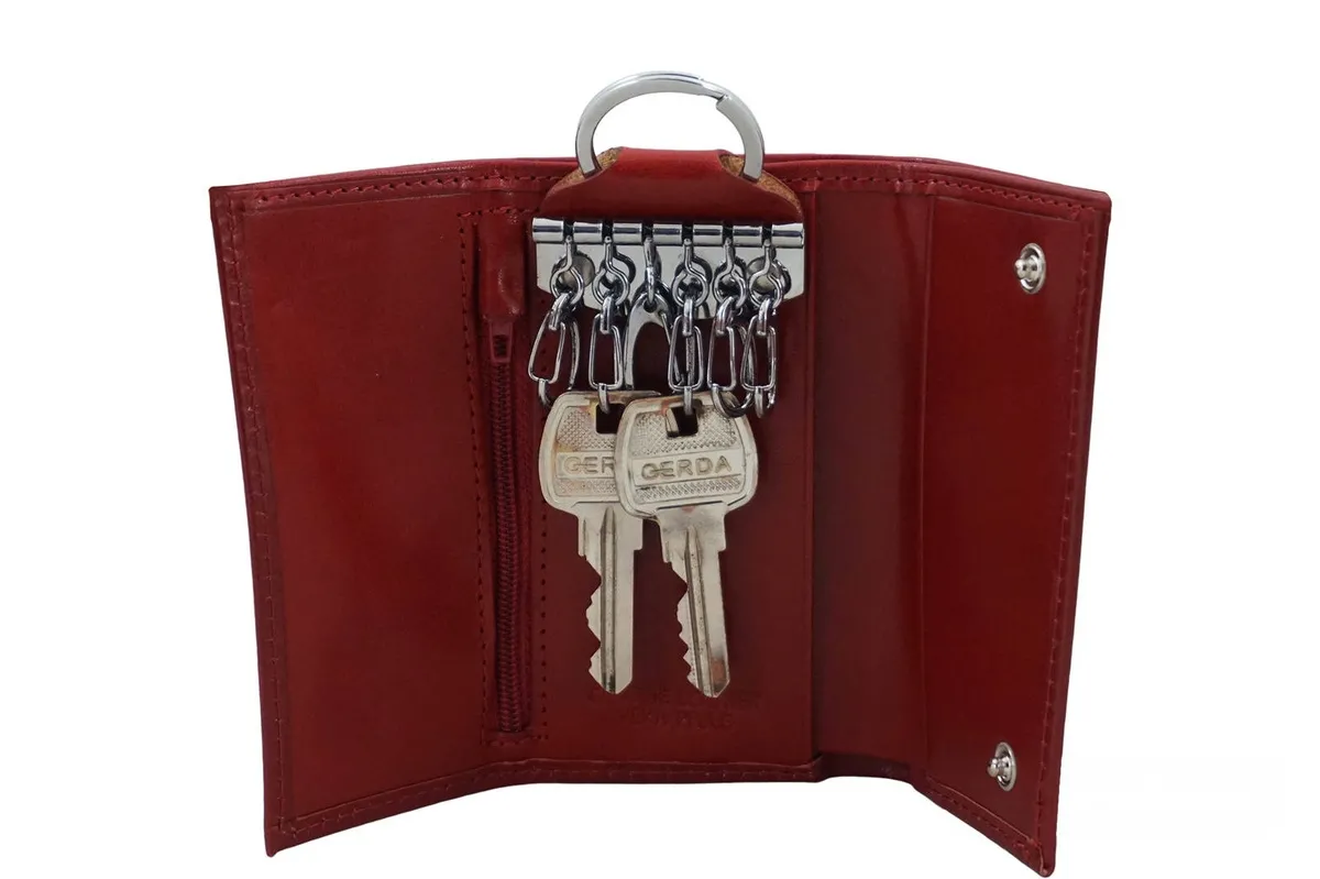 Etui skórzane na klucze i portfel w kolorze czerwonym Barberini's Czerwone skórzane etui na klucze i portfel z naturalnej skóry licowej, kompaktowe i Eleganckie