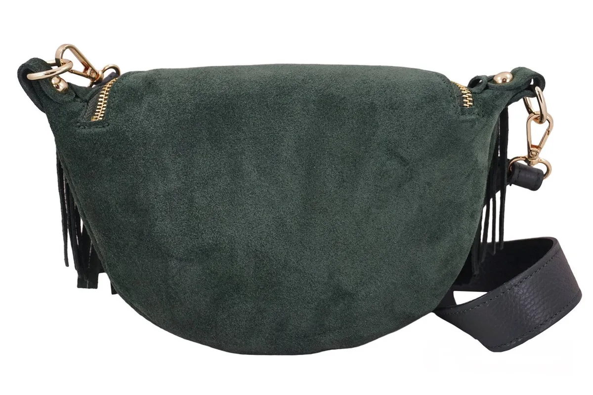 Zielona ciemna saszetka nerka damska zamszowa z frędzlami boho