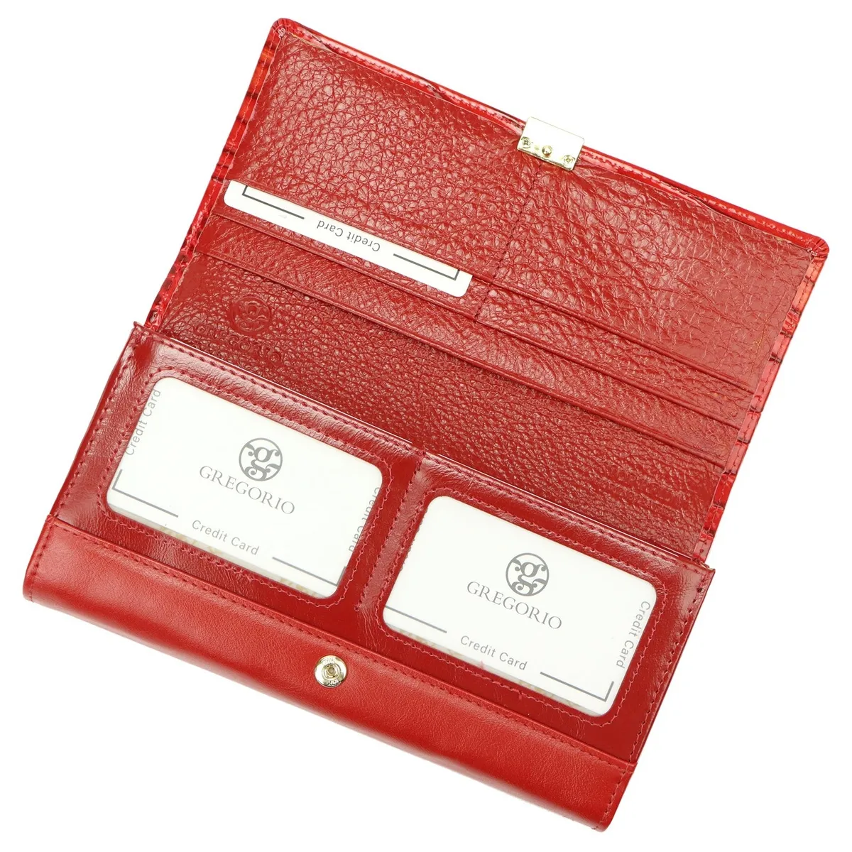 Czerwony portfel damski Gregorio o podłużnym kształcie, wykonany z ekoskóry i skóry naturalnej