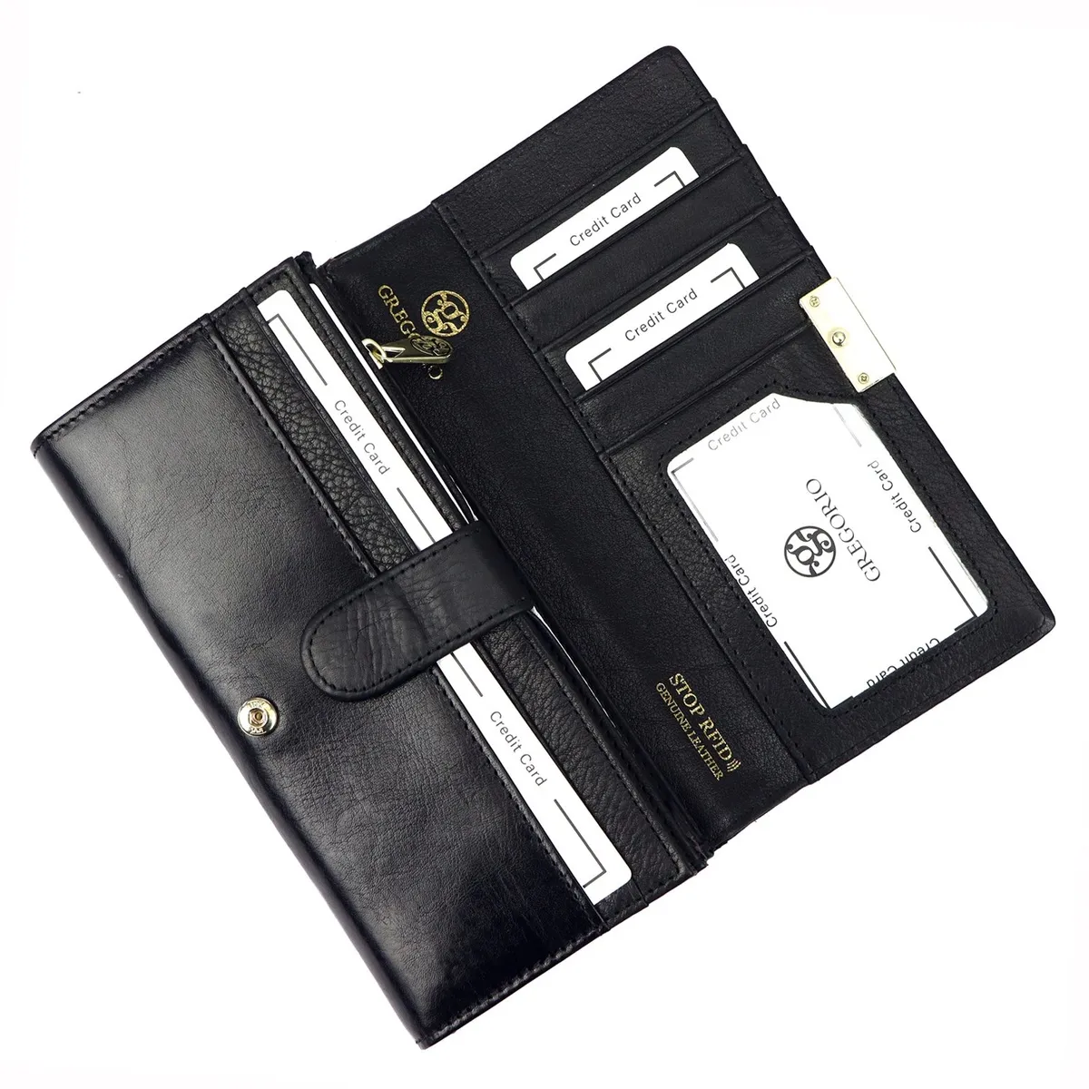 Luksusowy portfel damski Gregorio dla nowoczesnych kobiet Klasyczny duży portfel damski Gregorio w czarnym kolorze, zamykany na zatrzask z złotymi okuciami