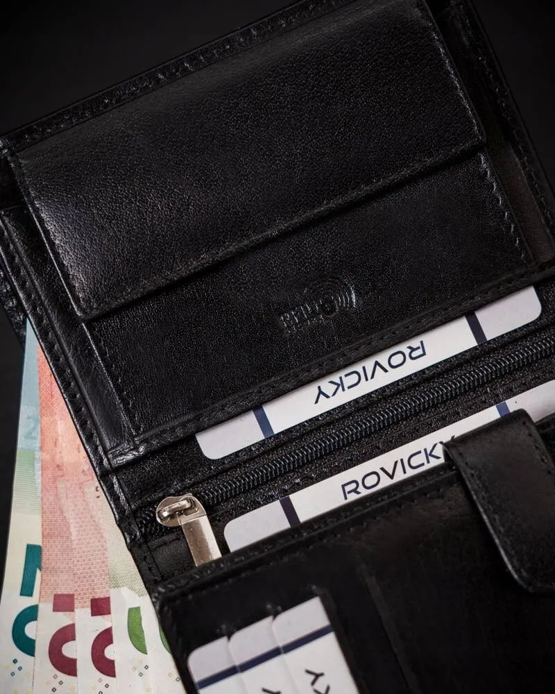 Klasyczny rozbudowany portfel męski z systemem RFID marki Rovicky wykonany z wysokiej jakości skóry