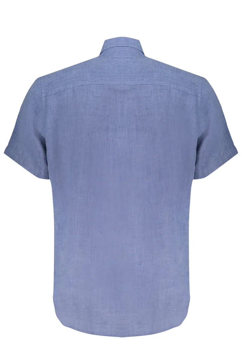 Niebieska koszula męska krótki rękaw, logo i hafty na materiale