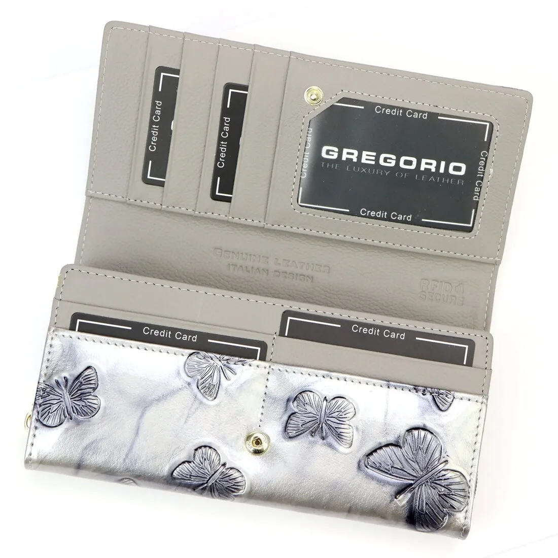 Kremowy portfele damskie marki Gregorio BTS–106 z detalami złotego koloru oraz rfid