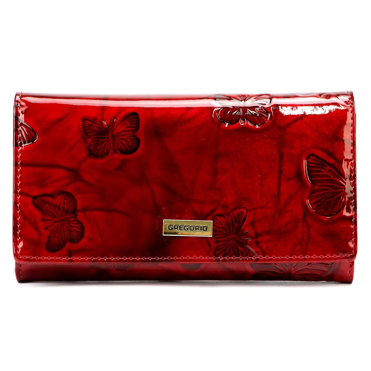 Czerwony portfel damski Gregorio zdobiony motywem motyli oraz złotymi okuciami, klasyczny fason