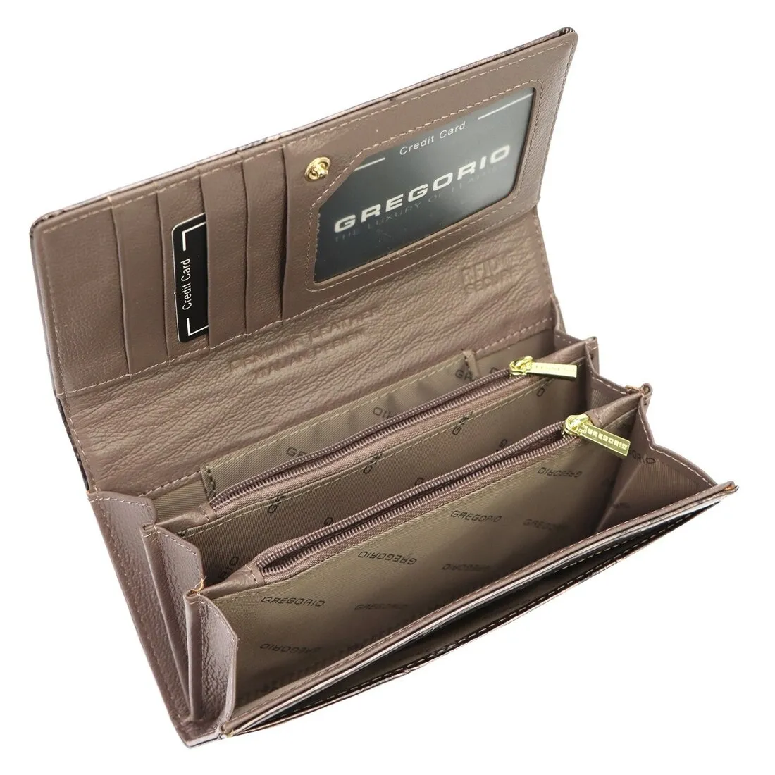 Popielaty portfel damski Gregorio o nowoczesnym designie z wzorem motyli oraz złotymi akcentami