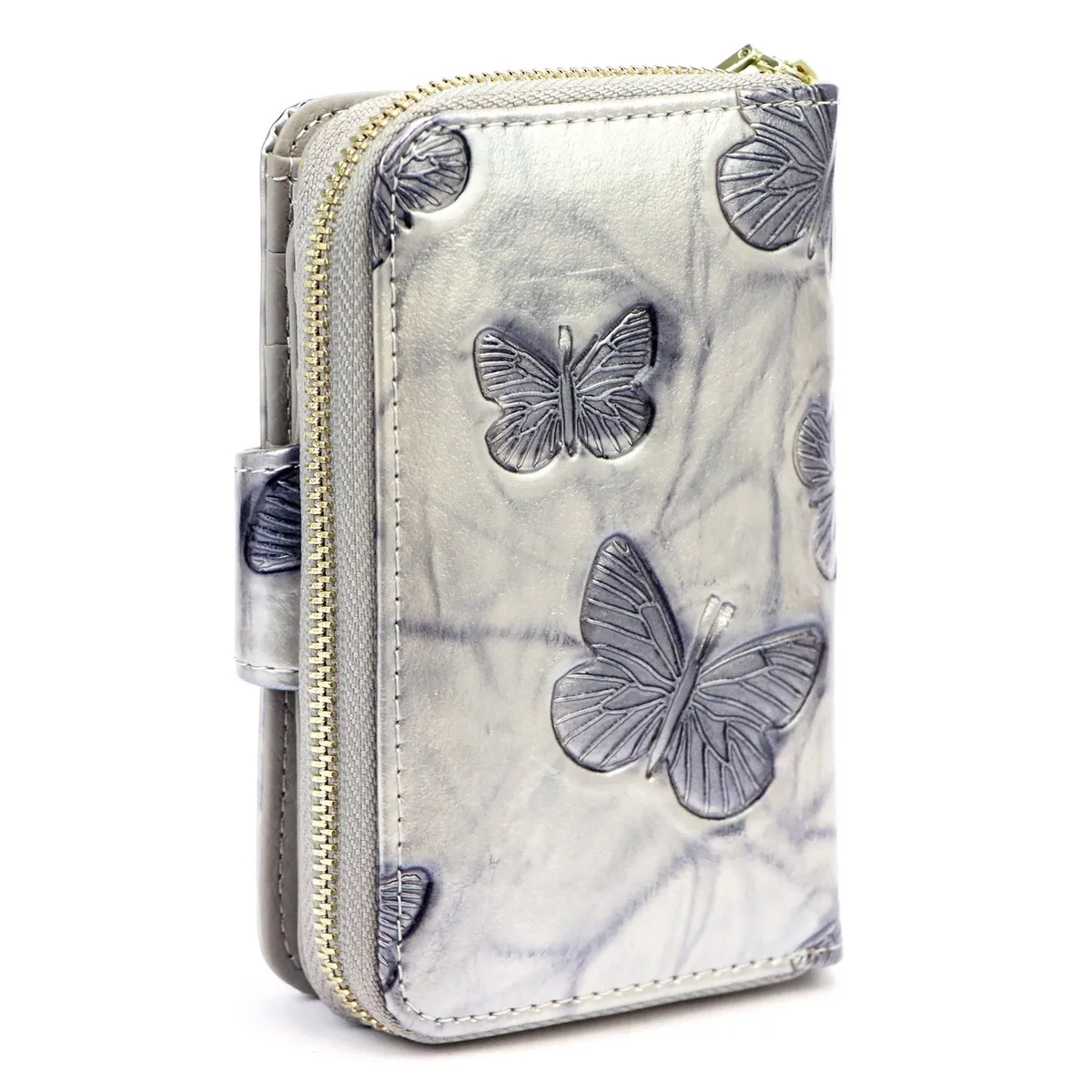 Portfel damski w kolorze cream od Gregorio, ozdobiony złotymi detalami oraz wzorem motyli