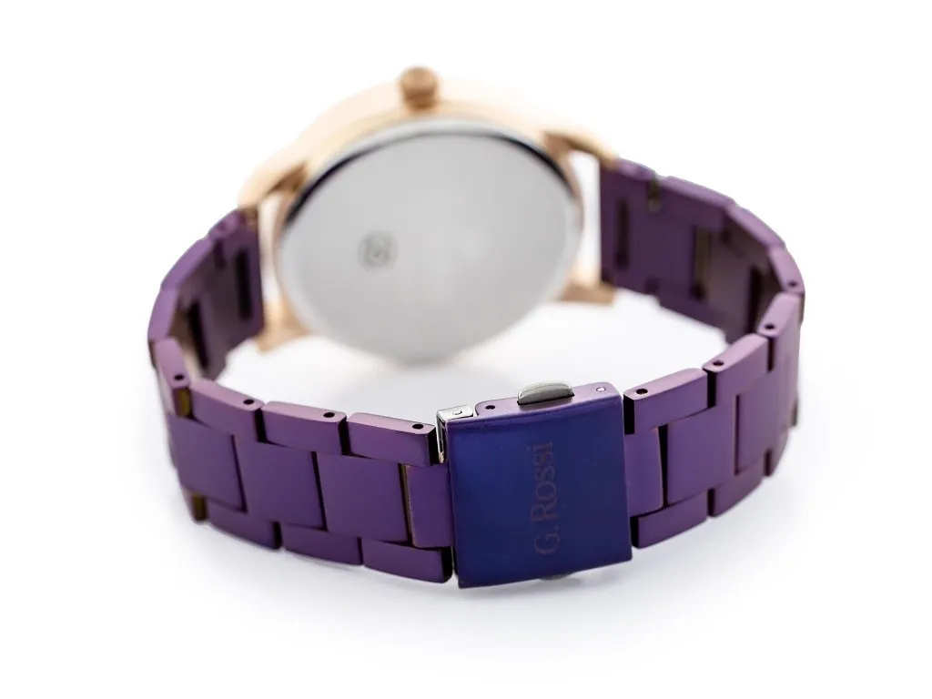 Elegancki zegarek G. Rossi w fioletowym kolorze z matową bransoletą i rosegold detalami
