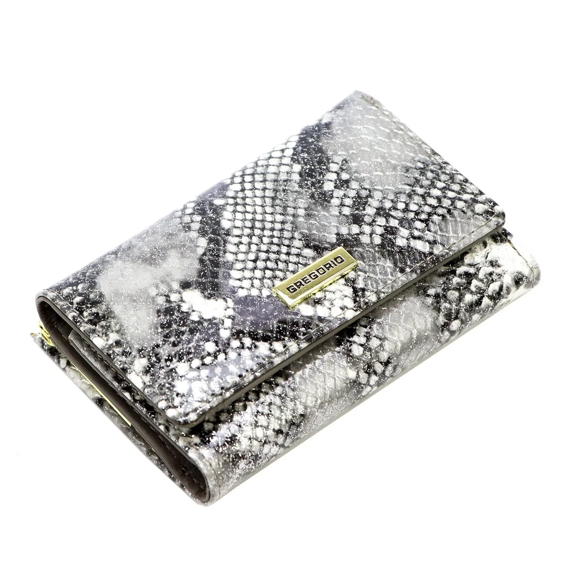 Kompaktowa portmonetka dameska od marki Gregorio, wykonana ze skóry naturalnej o fakturze imitującej skórę węża