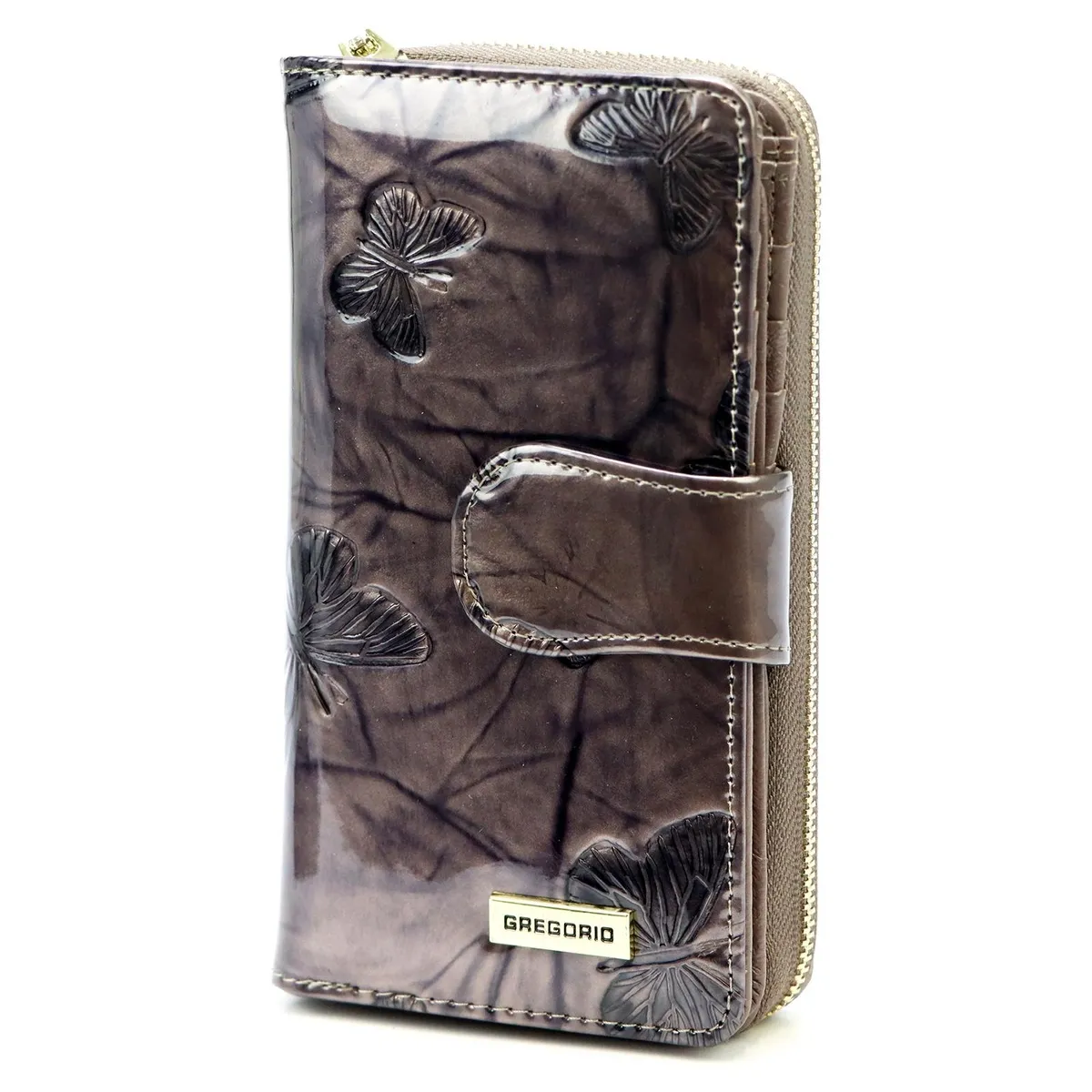 Portfel damski Gregorio w popielowym kolorze, ozdobiony motylami i złotymi detalami