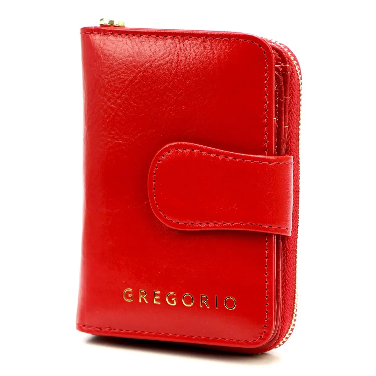 Czerwony portfel damski Gregorio z naturalnej skóry, klasyczny i luksusowy w pionowym układzie